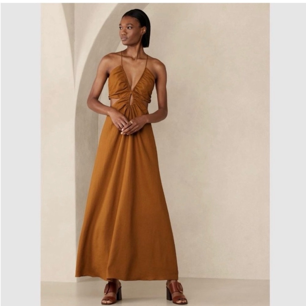 Banana Republic Manon Linen Blend Maxi Cut Out Dress Golden Brown Size 8
